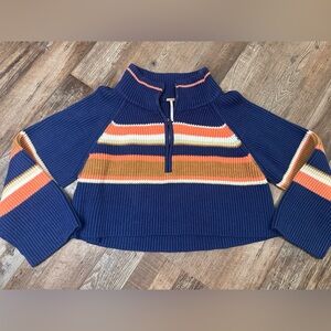 Free People 1/2 zip Navy Sweater with Orange and White Stripes